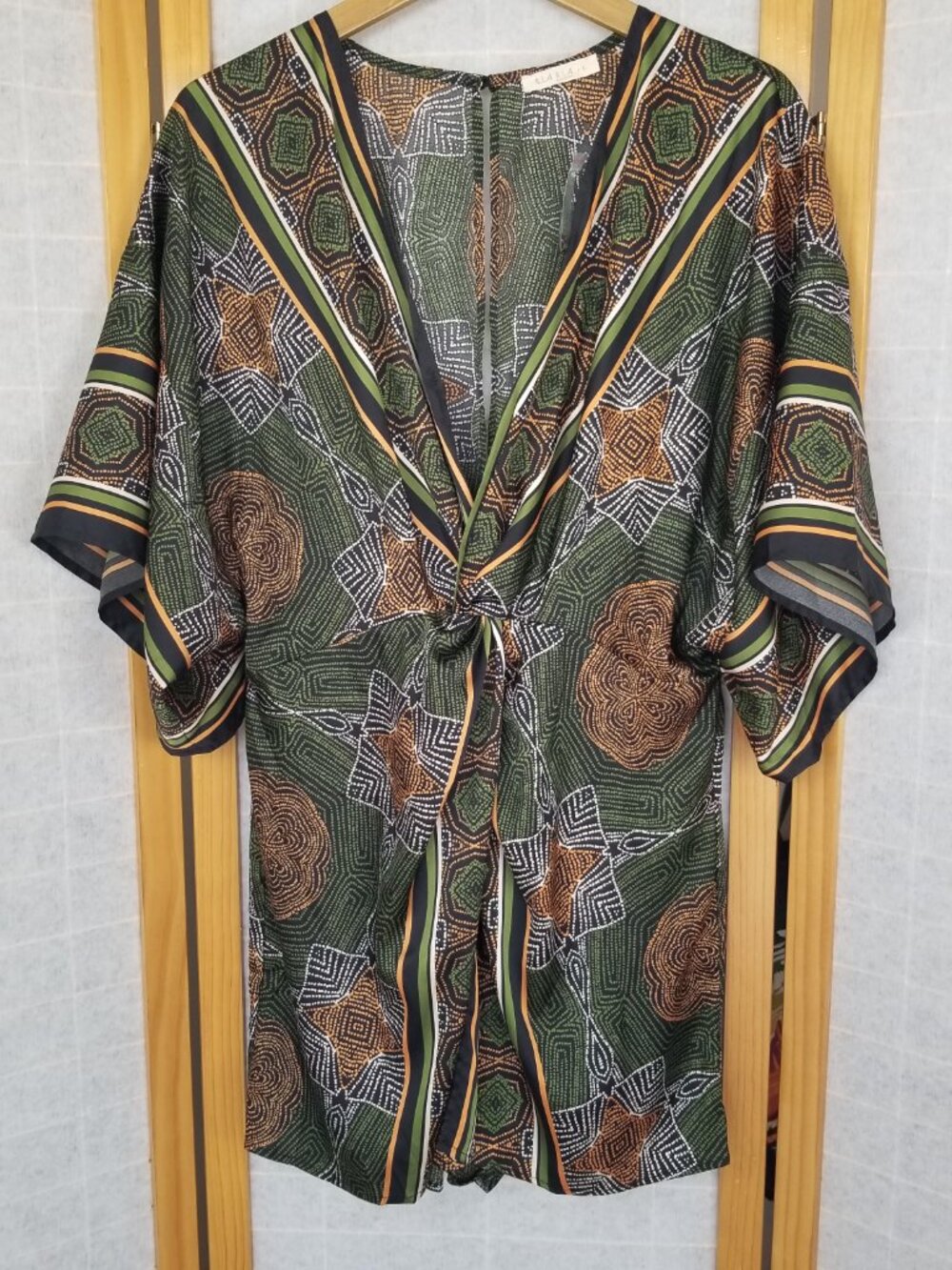 Kimono Romper Silky Satin Black Graphic Print Large